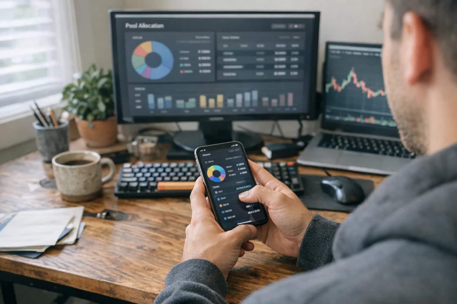 Liquidity provider reviewing AMM pool statistics on phone, pool allocation dashboard visible, casual degen setup at home with screens.