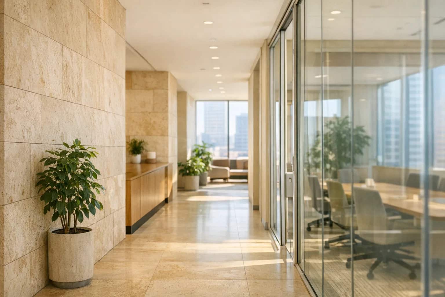 Bright enterprise passage with warm stone, soft greenery, and a calm compliance-operations feel.
