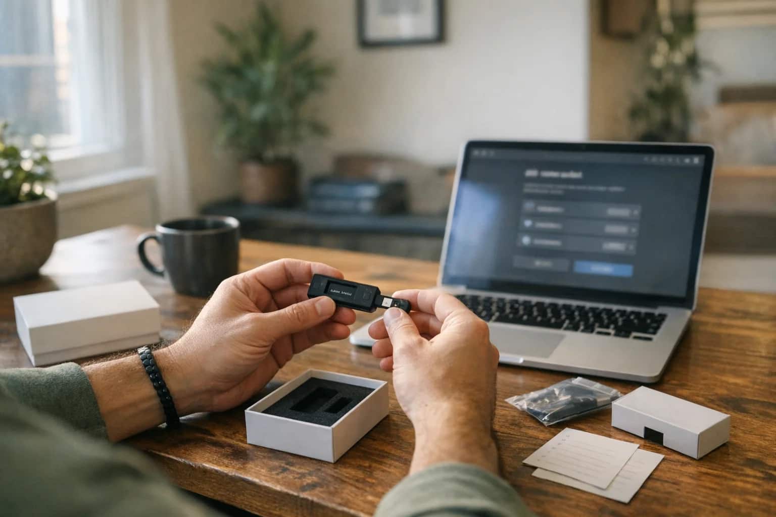 Someone setting up a hardware wallet for the first time, packaging on desk, laptop with wallet interface, afternoon home office light, casual unboxing moment.