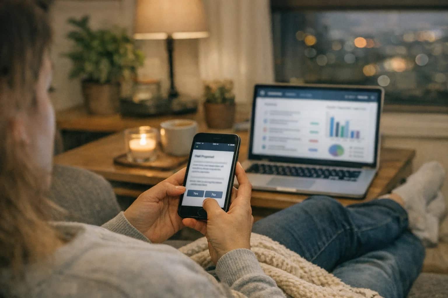 Someone voting on a DAO proposal from their phone on a couch, laptop with governance dashboard in background, cozy evening home scene.