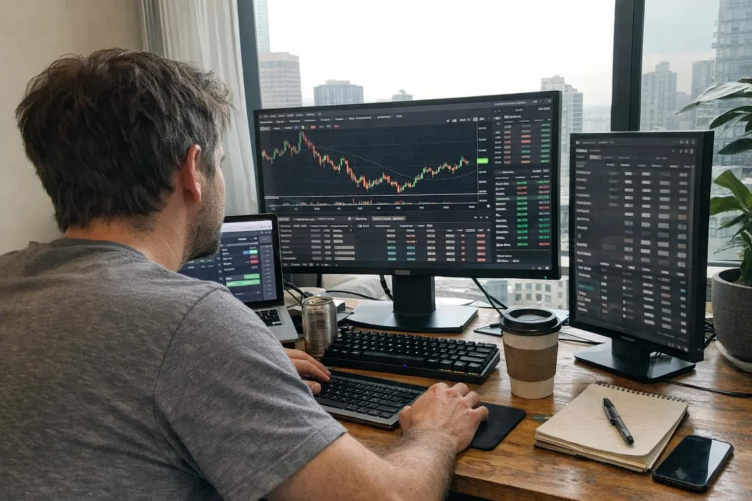 Trader reviewing perpetual futures positions on multiple screens, charting software and order forms open, fast-paced trading desk setup in apartment.