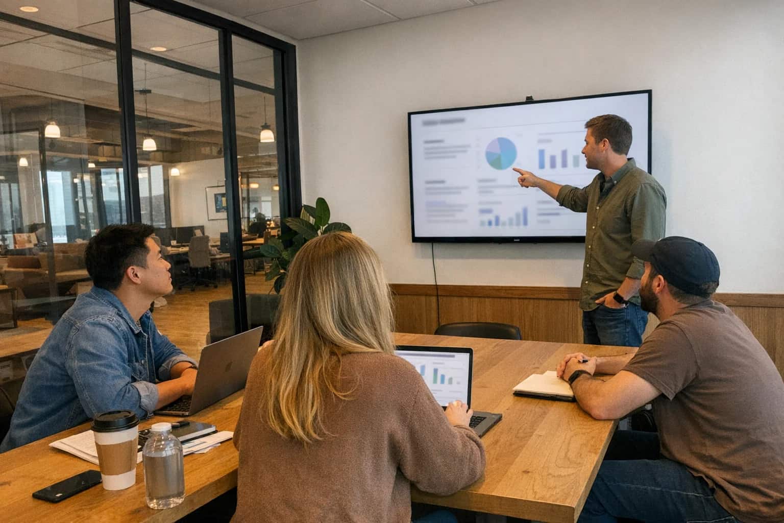 Small committee reviewing governance proposals in a modern WeWork conference room, floor-to-ceiling glass walls, someone presenting on a screen, casual professional atmosphere.