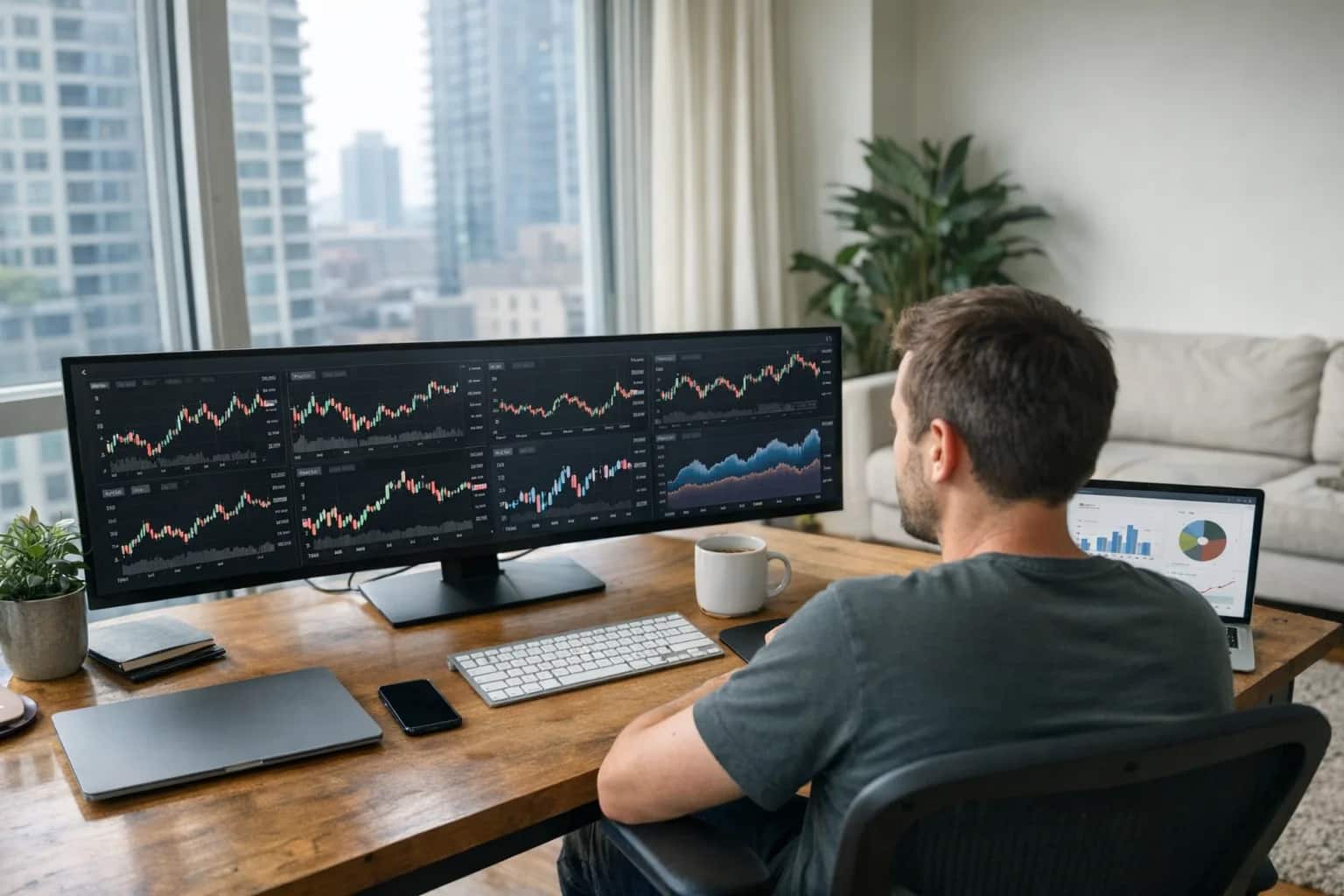 Engineer reviewing real-time oracle price feeds on ultrawide monitor, data visualizations on second screen, clean desk setup in bright apartment.