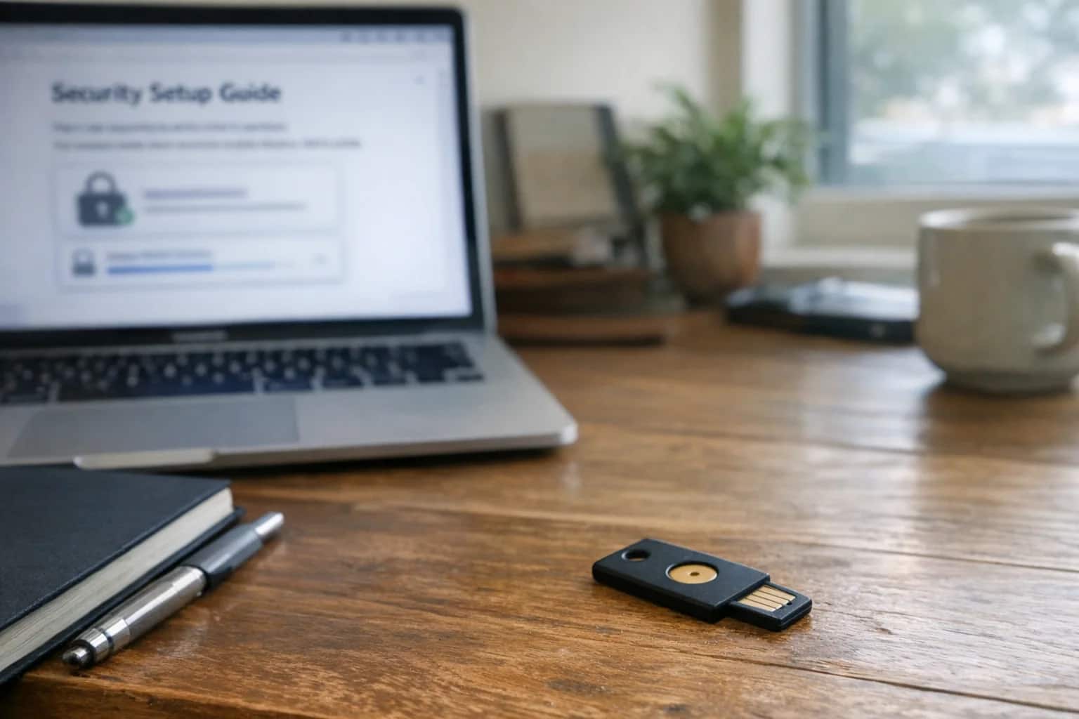 Close-up of hardware security key on desk, laptop with security setup guide, home office background, cryptocurrency security ritual.