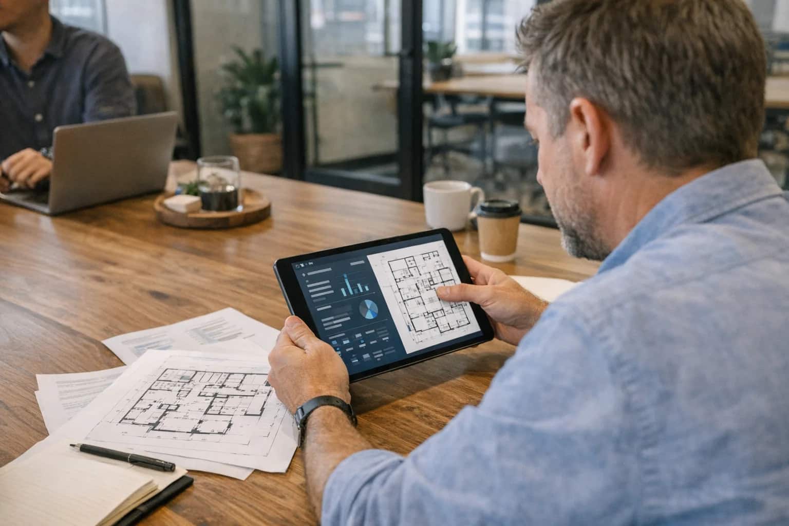 Real estate developer reviewing property tokenization documents on tablet, building floor plans visible, modern office meeting room.