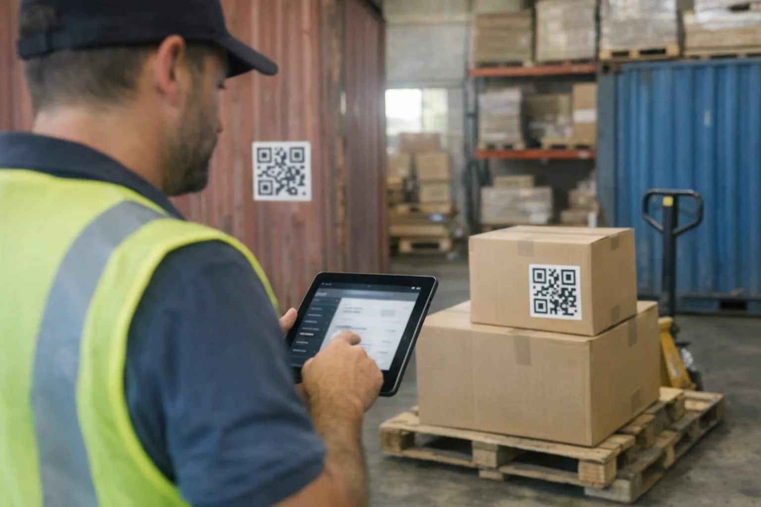 Logistics manager tracking shipments on tablet, QR codes and shipping containers visible, warehouse background, operational work moment.