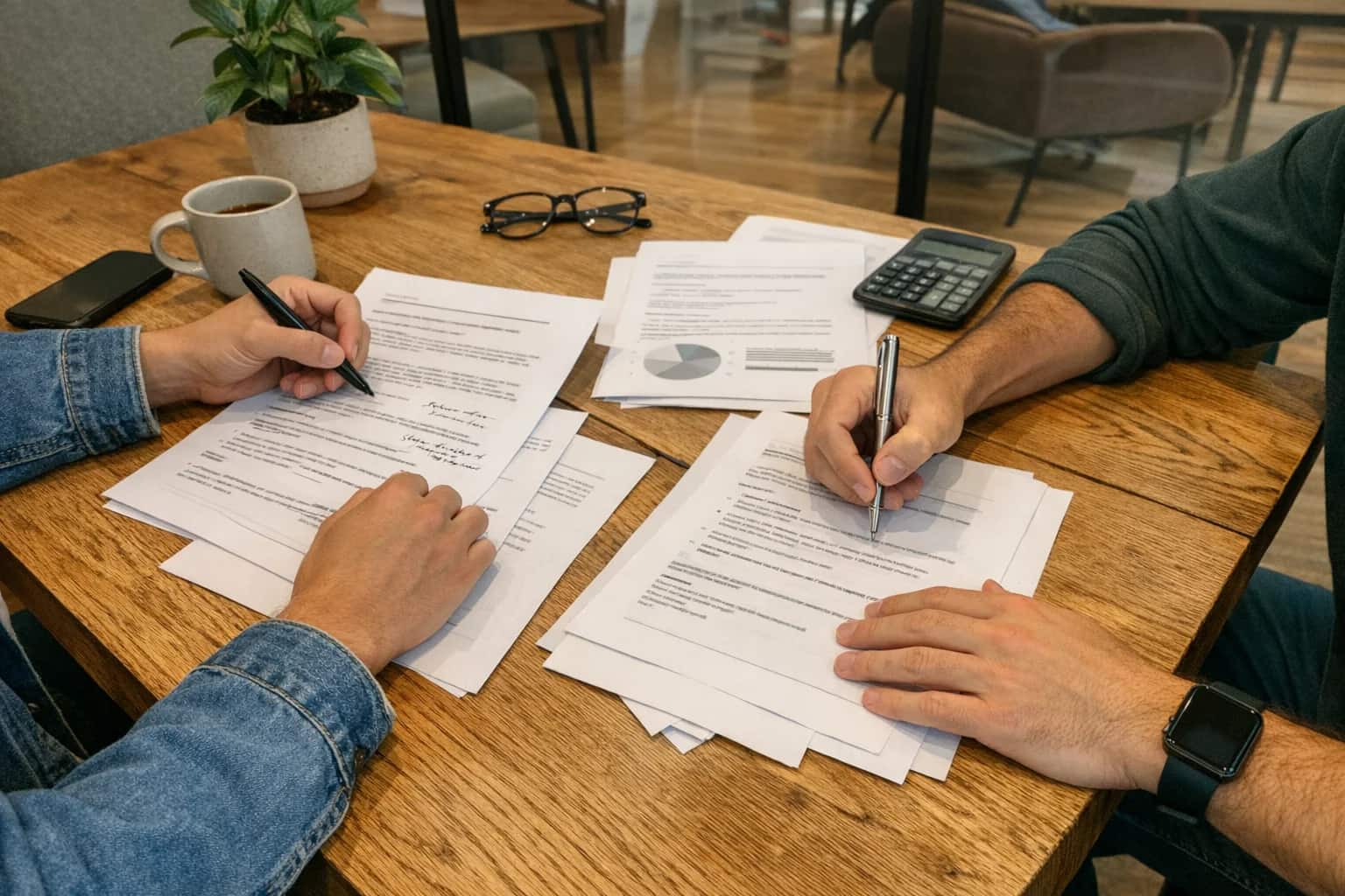Hands signing DAO treasury documents at a WeWork-style table, printed proposals with handwritten notes, casual office environment, candid overhead shot.