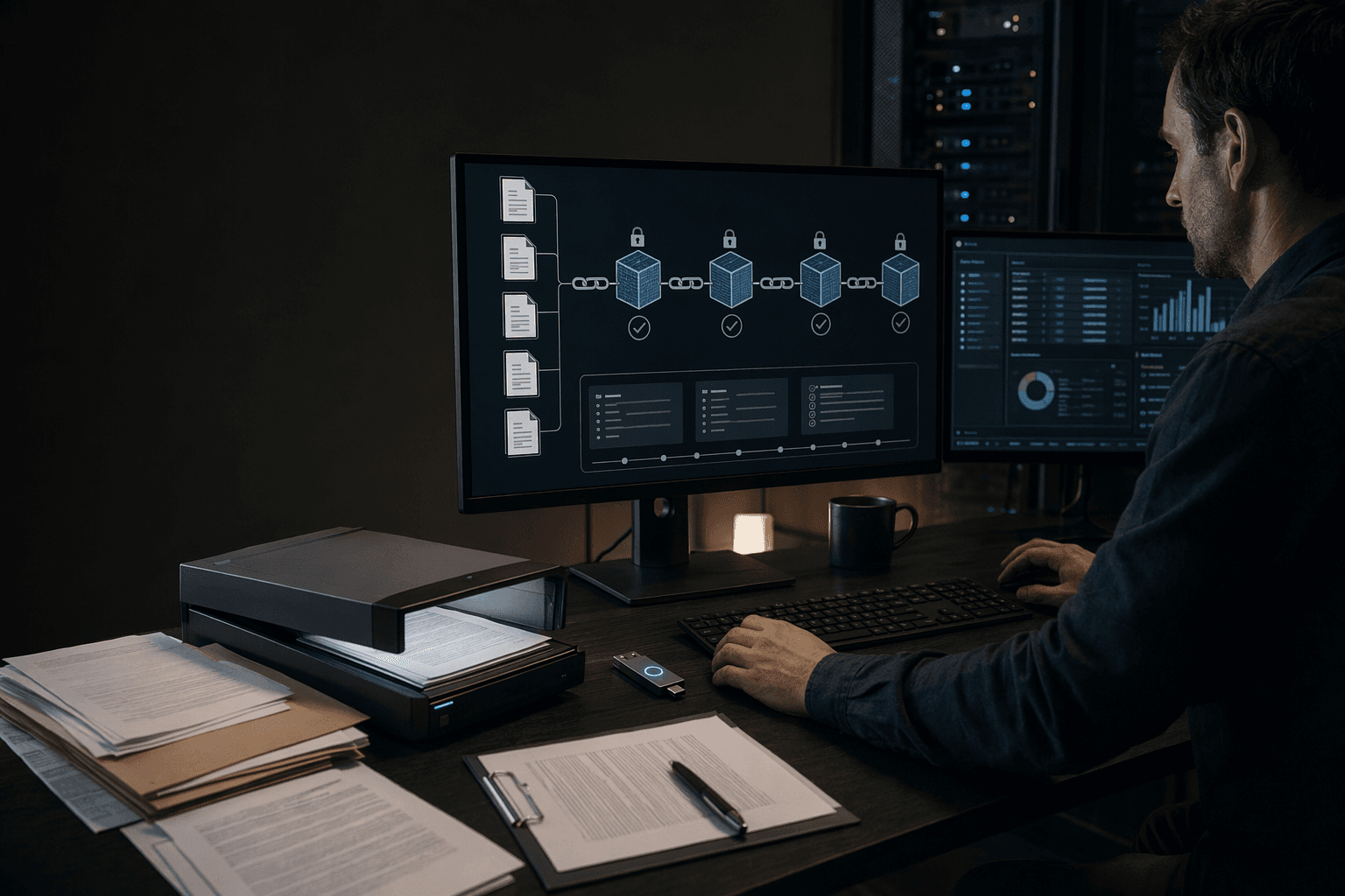 Business records routed into linked proof blocks and audit trail controls