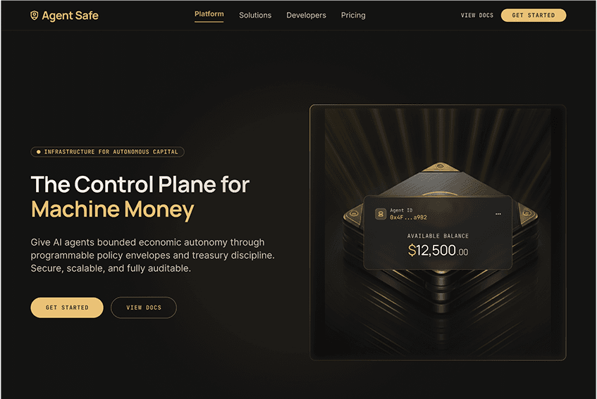 AgentSafe hero section introducing policy-controlled wallet infrastructure for AI agents