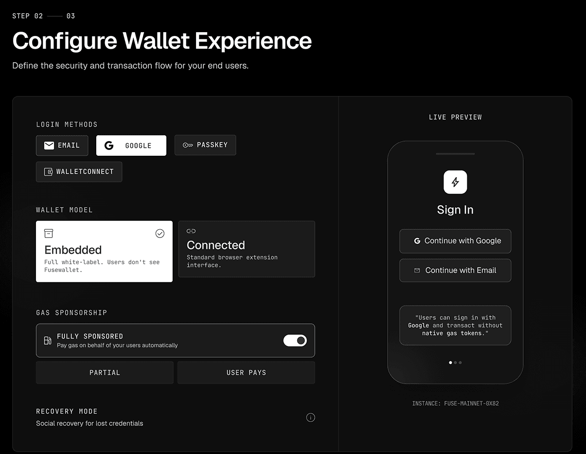 FuseWallet onboarding step for configuring login and gasless wallet UX