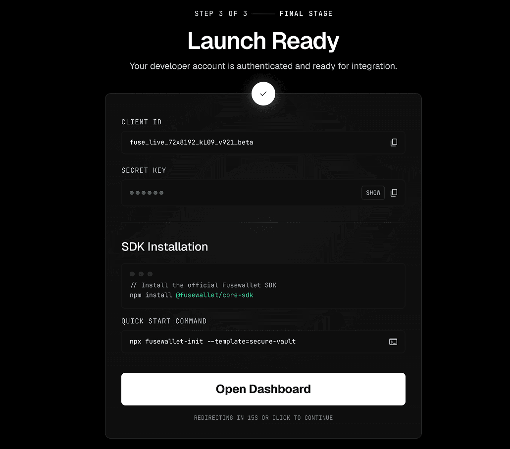 FuseWallet launch-ready onboarding step with client credentials and SDK instructions