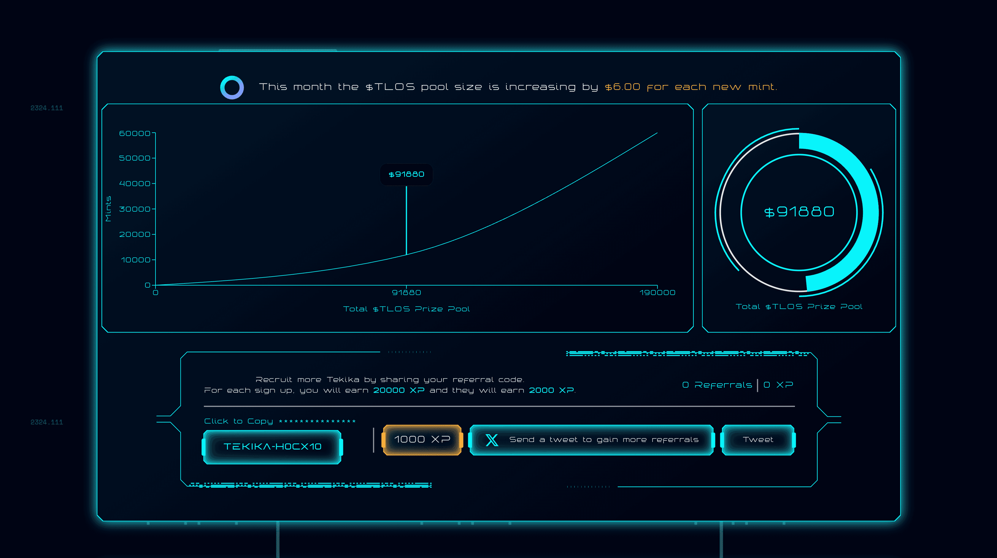 Dashboard showing $TLOS Prize Pool visualization and growth chart