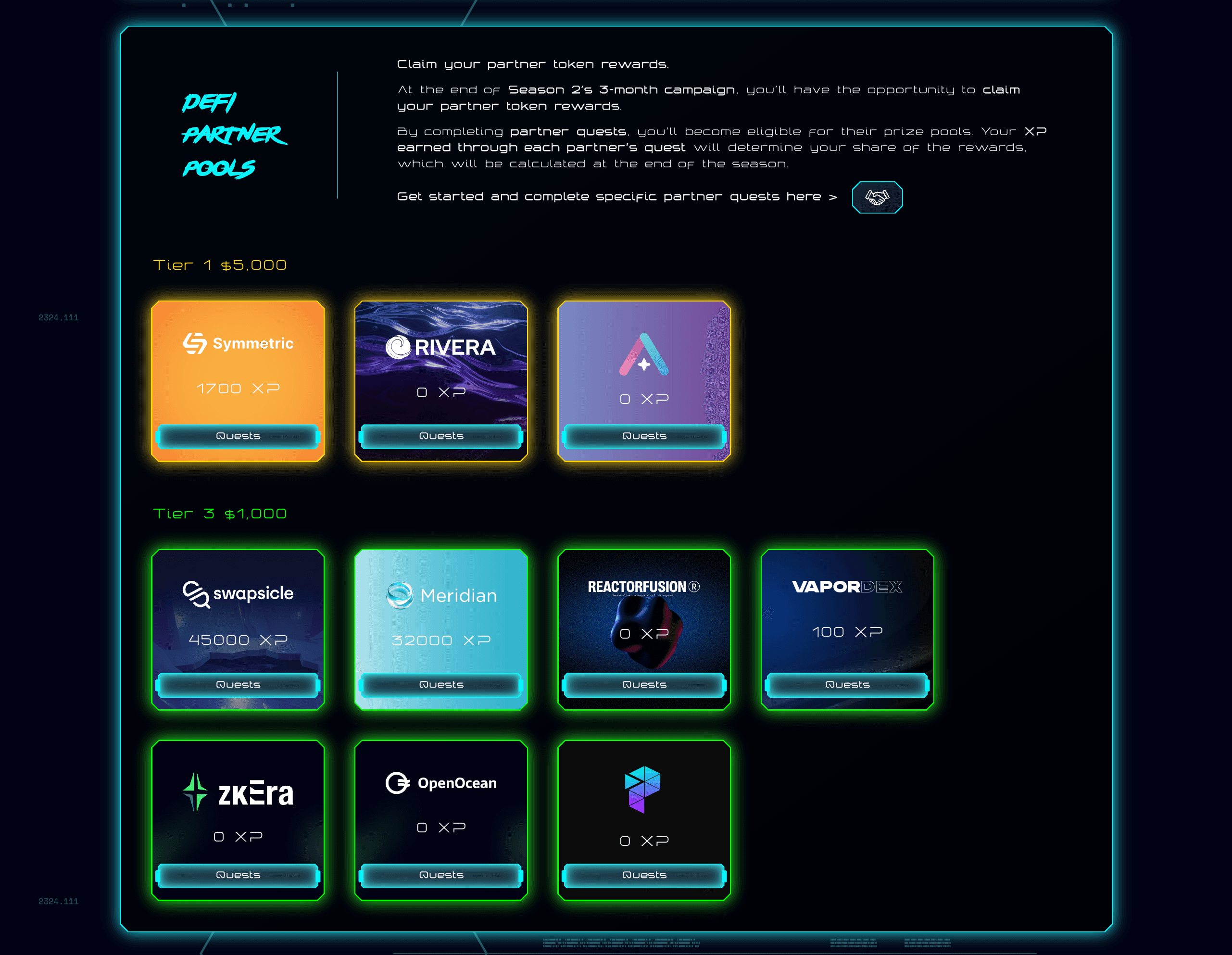 DeFi Partner Pools interface showing Tiers and XP progress