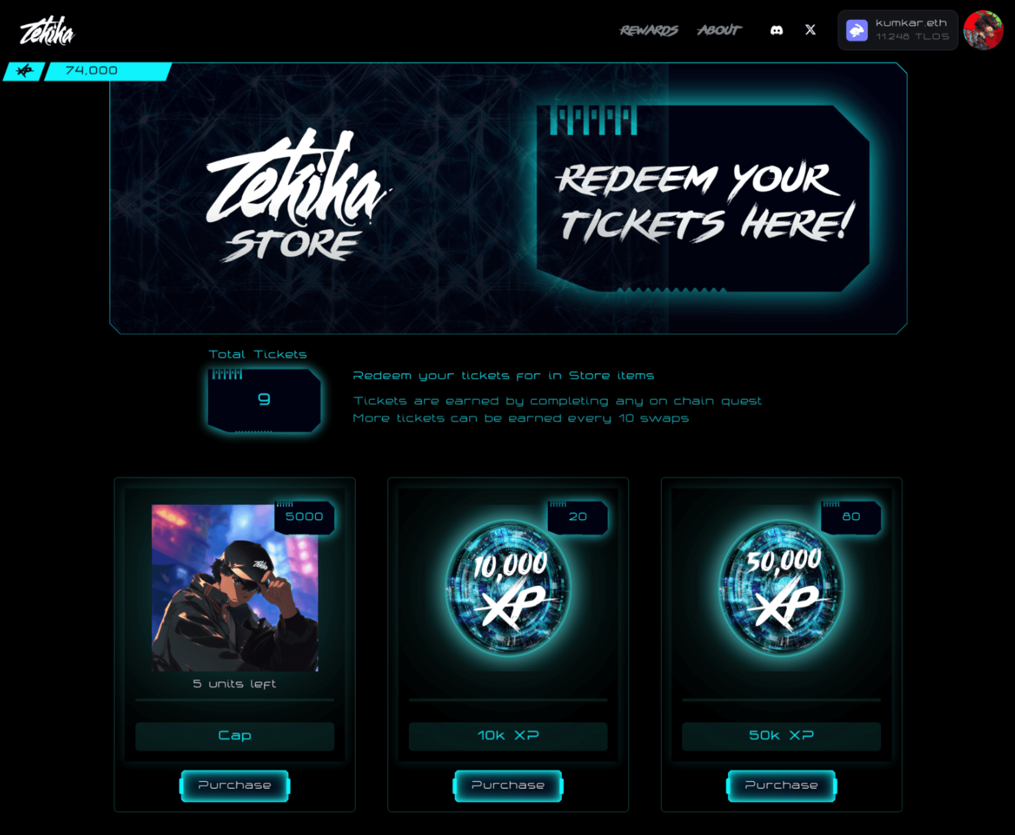 Tekika Store interface showing tickets and redeemable items