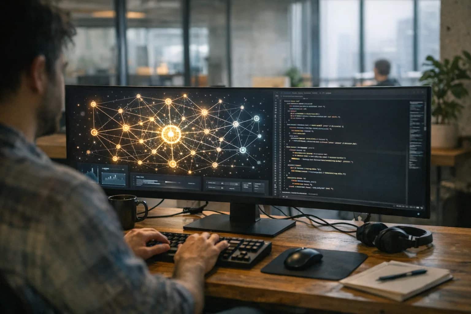 Abstract visualization of blockchain consensus on ultrawide monitor, node network diagram, dark mode coding setup, developer workspace.