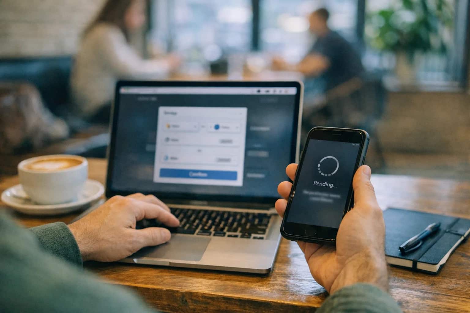 Someone initiating a cross-chain bridge transfer on laptop, phone showing confirmation, coffee shop background, casual DeFi moment.