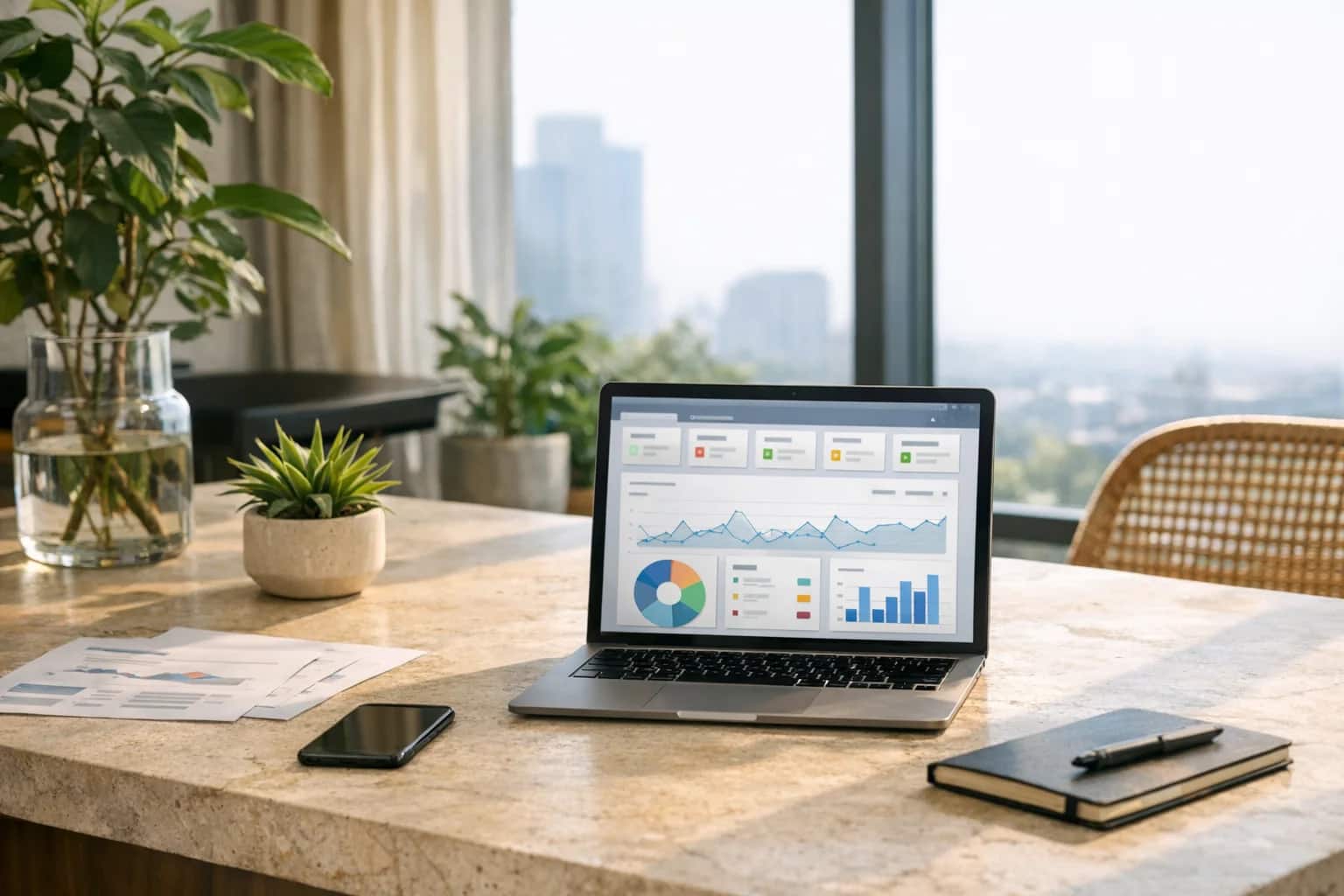 Sunlit strategy table with pale stone, greenery, and a calm abstract digital asset risk dashboard.