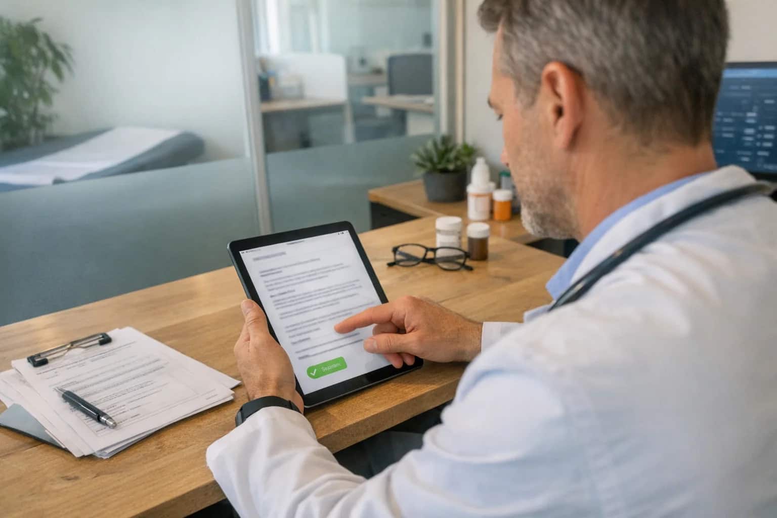 Doctor reviewing patient consent forms on tablet with blockchain verification, modern clinic interior, healthcare professional at work.