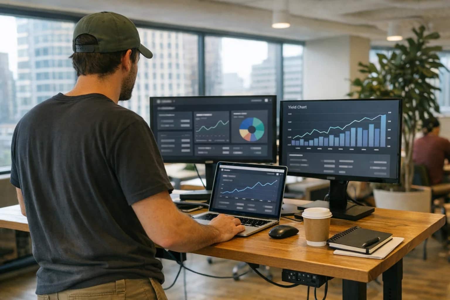 DeFi yield farmer reviewing staking dashboard at a WeWork standing desk, multiple screens with charts, coffee and notebook, casual afternoon work session.