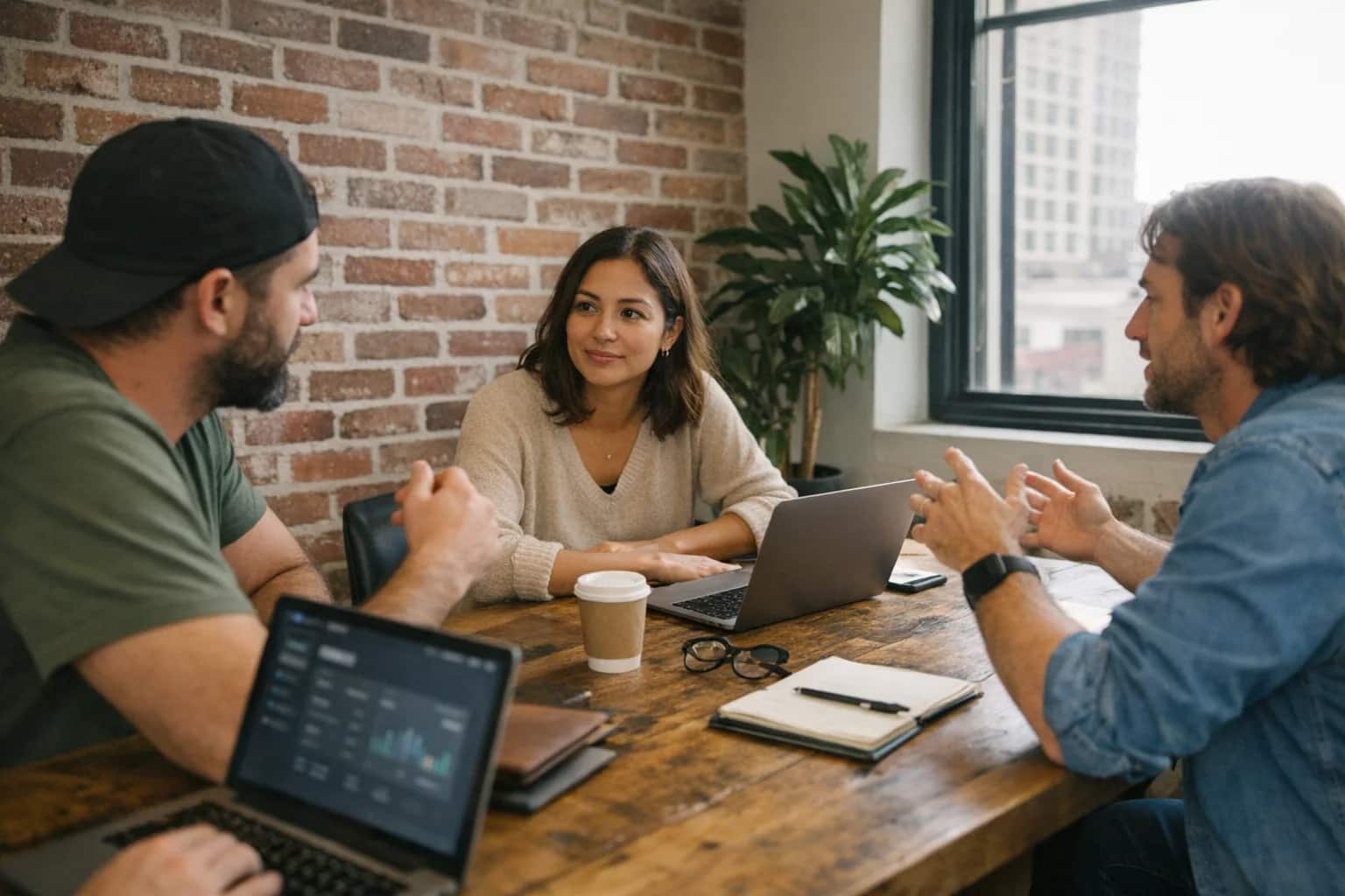 Informal meeting room with exposed brick and plants, team discussing liquidity strategy around a table with laptops, natural window light, casual candid photography.
