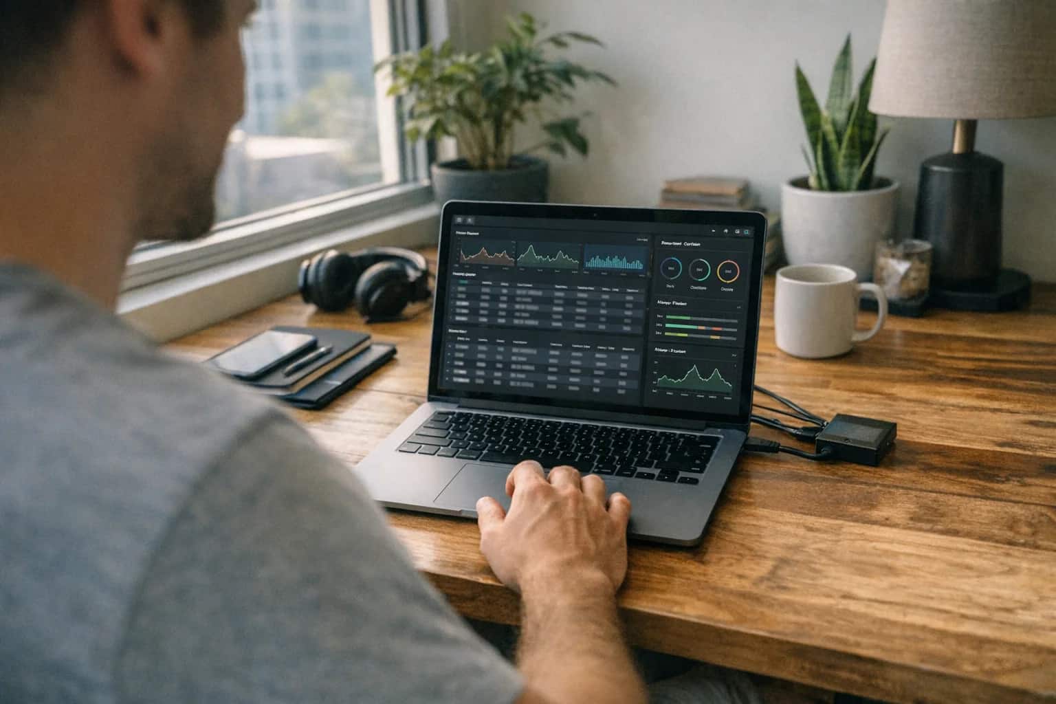 Validator operator monitoring restaking positions on laptop, network status dashboard visible, clean home office setup, afternoon light.