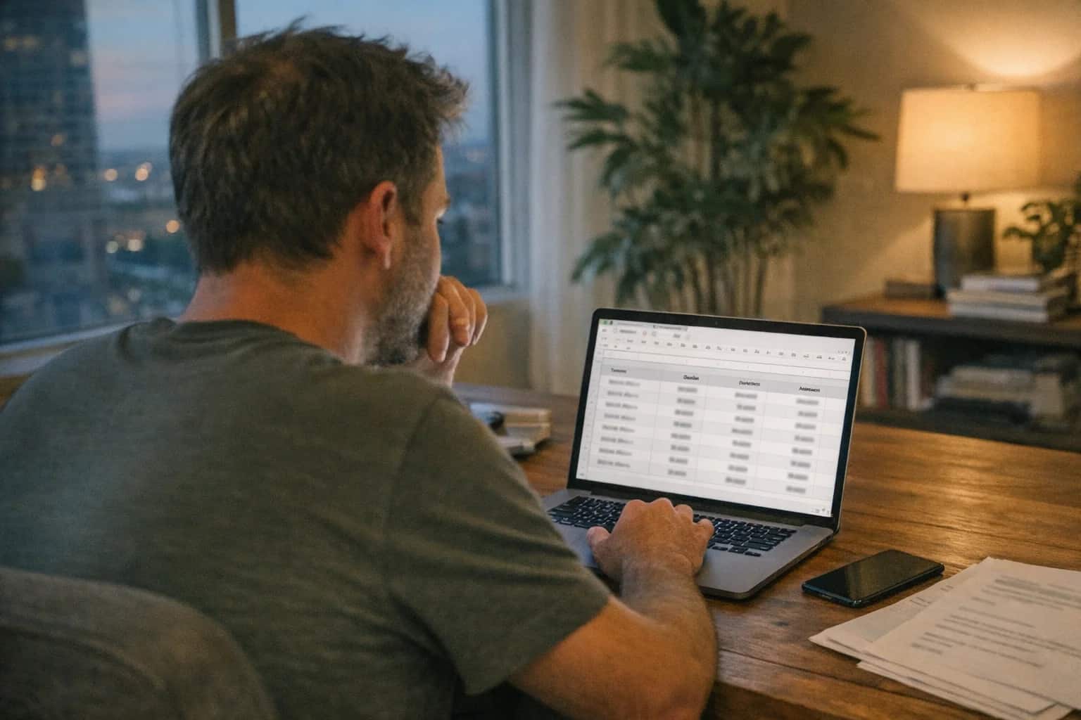 Founder reviewing token vesting schedule on laptop, spreadsheet with unlock dates visible, quiet home office evening, startup planning moment.