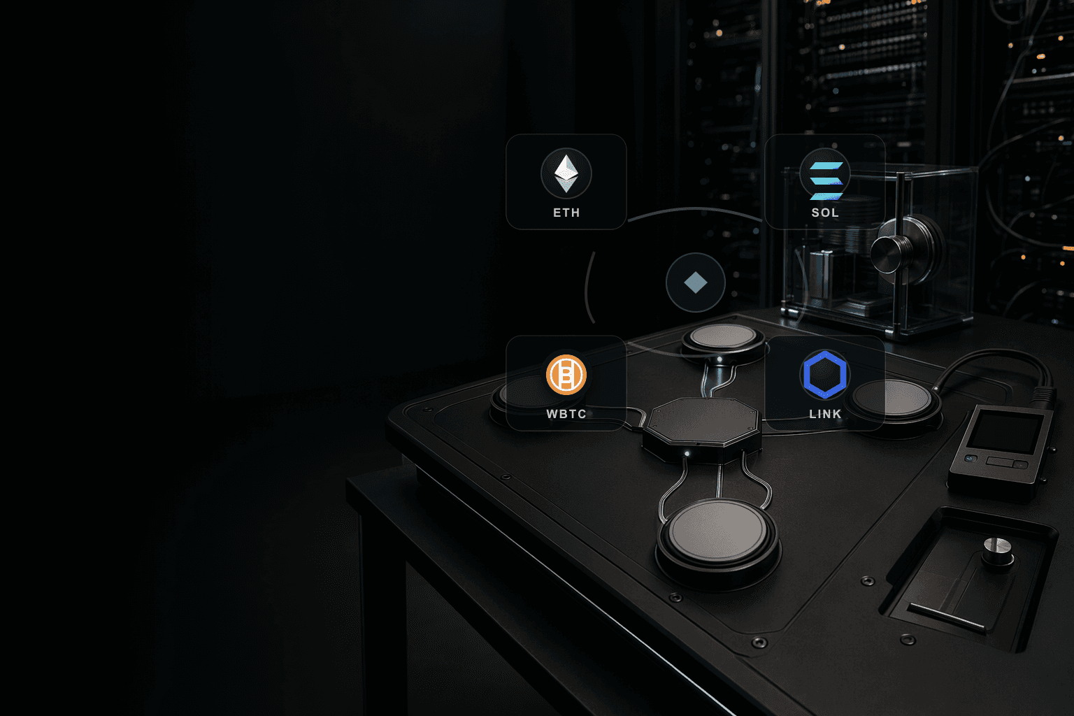 DeFi routing console with ETH SOL WBTC and LINK token modules