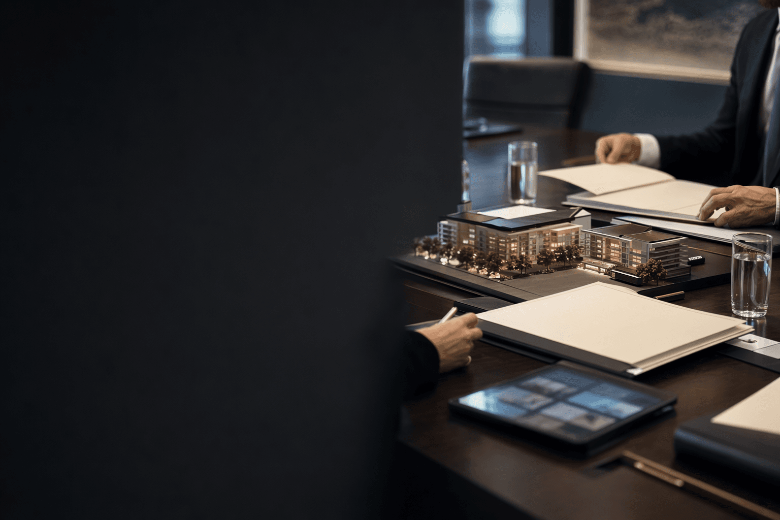 Asset management meeting with documents, tablet, and real estate model