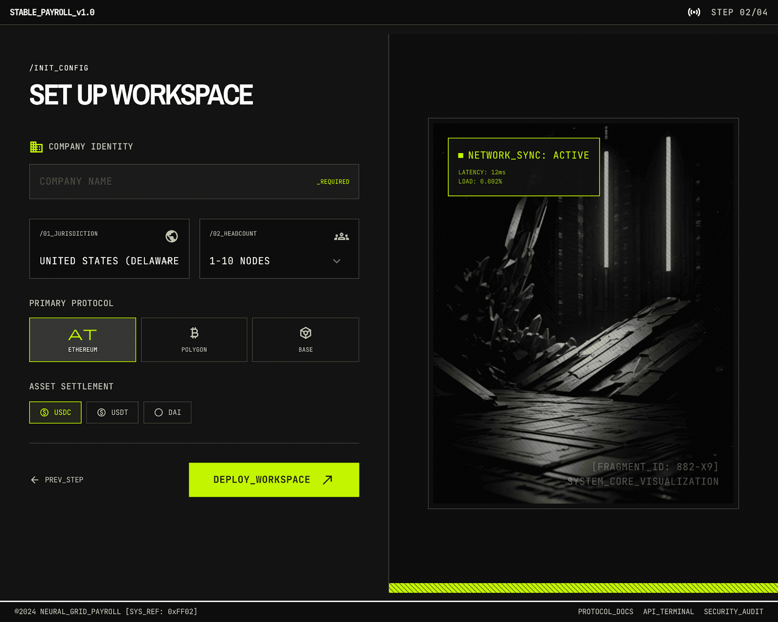 PayGrid admin onboarding flow for workspace and payroll configuration