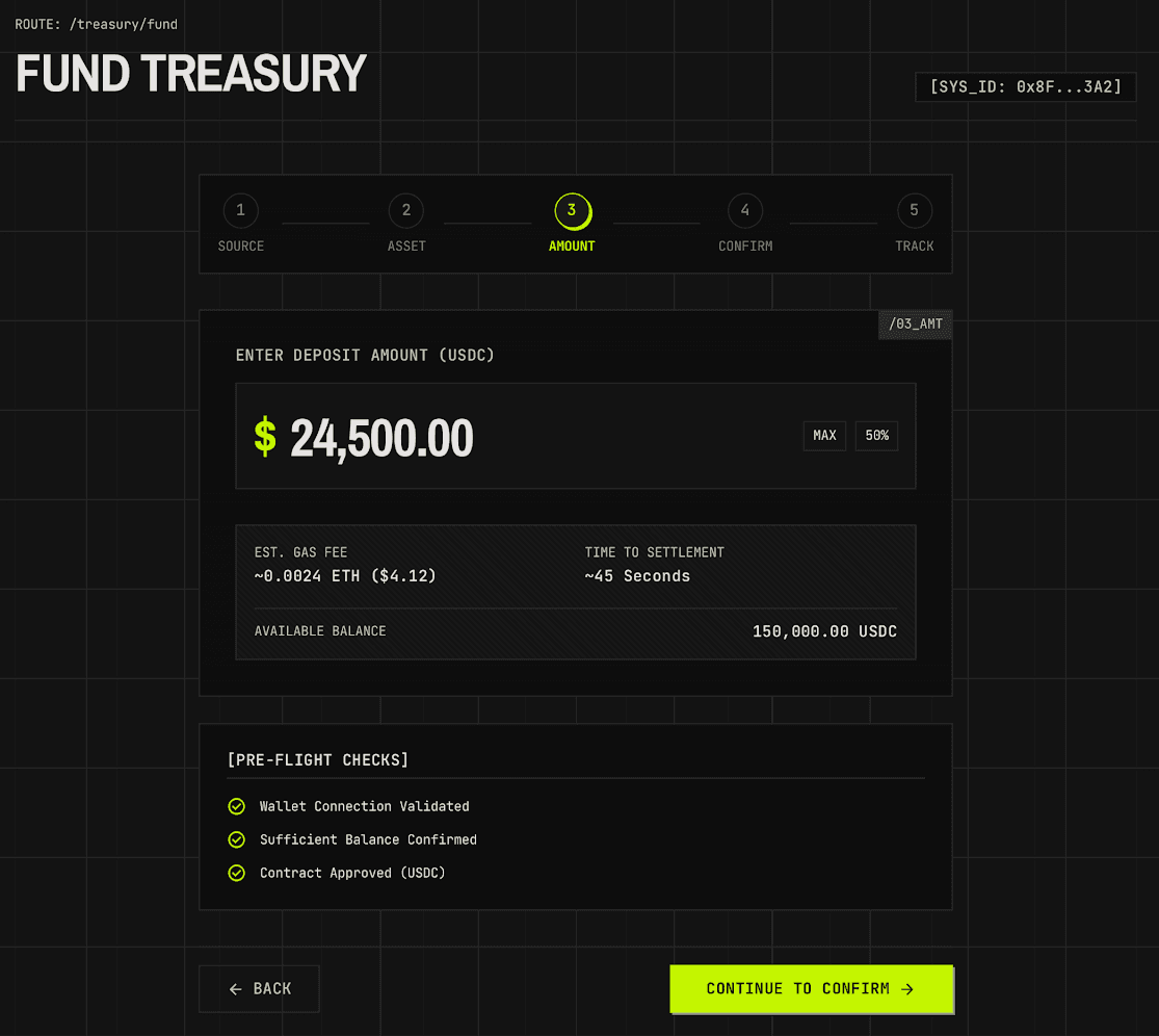 PayGrid fund treasury flow with amount input and pre-flight checks