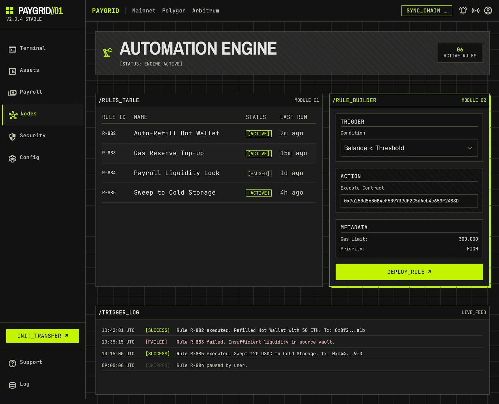 PayGrid automation engine with rules table and trigger log